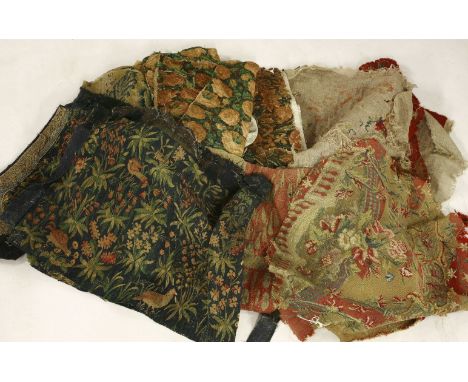 A quantity of 18th century and later flat weave tapestry and needlepoint panels, to include several seat cover panels, exampl