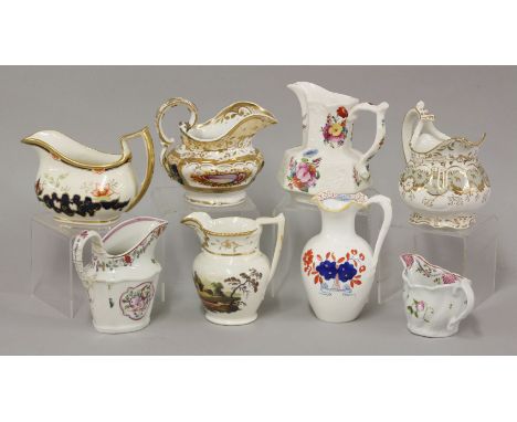 Eight hand painted English porcelain cream jugs, late 18th/early 19th century, to include Coalport, Grainger, Worcester, Newh