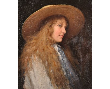 19th Century English School. Portrait of a Young Girl, wearing a Hat, Oil on Unstretched Canvas, 9.25" x 8".