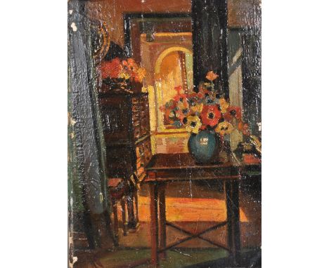 20th Century English School. An Interior Scene, with Flowers on a Table, Oil on Board, Unframed, 14" x 10", together with thr