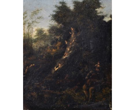 18th Century Dutch School. A Figure playing a Pipe, in a Woodland Setting, Oil on Panel, 9.5" x 8".