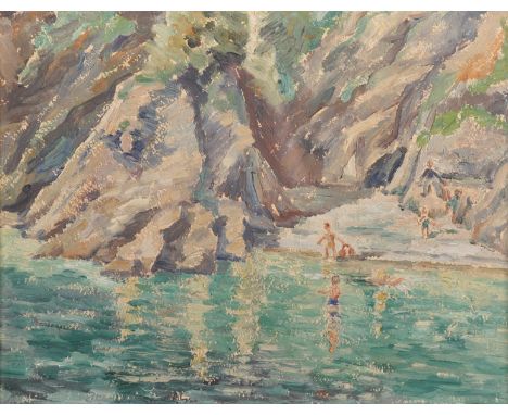 20th Century English School. Children Bathing in a Cove, Oil on Panel, 11" x 14".