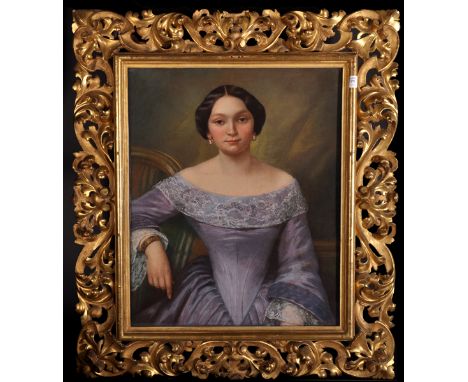 Early 19th Century French School. Portrait of a Seated Lady, wearing a Lilac Dress, Pastel, in a Fine Carved Giltwood Florent