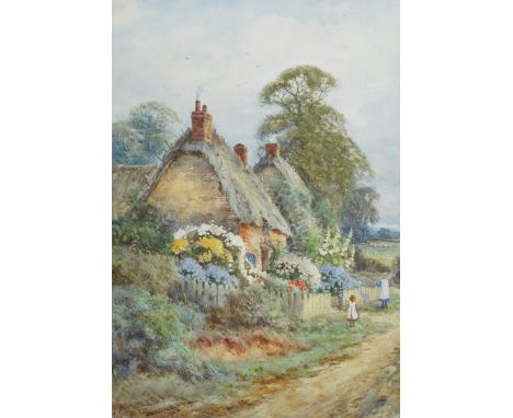 Alexander Molyneux Stannard (1878-1975) British. Two Children Playing, by a Cottage Surrounded by Flowers, Watercolour, Signe