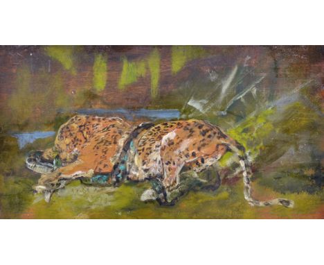 Manner of Cuthbert Edmund Swan (1870-1931) British. Study of a Reclining Tiger, Oil on Panel, Unframed, 7.25" x 13".
