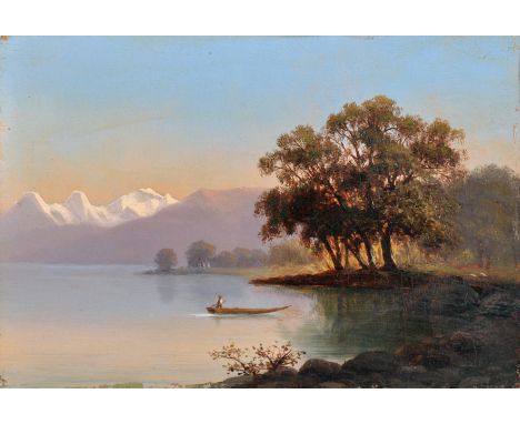 Early 20th Century Swiss School. A Mountainous River Landscape, with a Figure in a Boat, Oil on Panel, Unframed, 4.5" x 6.75"