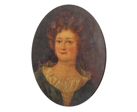 19th Century English School. Portrait of a Lady, wearing a Green Dress with White Edging, Oil on Panel, Oval, 9" x 7".