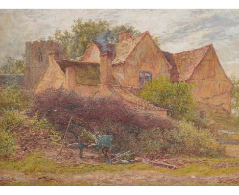 Wilmot Clifford Pilsbury (1840-1908) British. A Country Cottage, with a Wheel Barrow and Garden Tools in the foreground, Wate