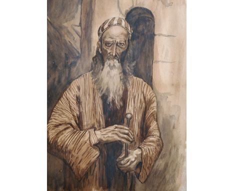 Early 20th Century English School. Study of an Arabian Figure, Holding a Stick, Watercolour, 14.5" x 10.5".