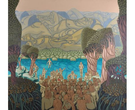 Philip Osborne (1926-1994) British. "The Human Race coming upon Giants Asleep", Oil on Panel, Inscribed on a label on the rev