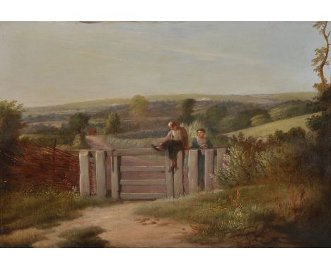 Early 19th Century English School. Two Figures by a Wooden Gate, Oil on Panel, Unframed, 13.5" x 19.75".