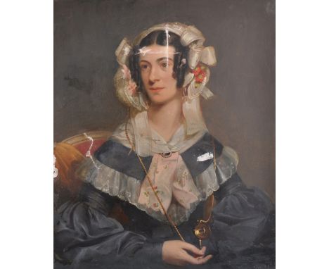 19th Century English School. Portrait of a Lady, Elegantly Dressed, Seated in a Red Chair, Oil on Canvas, Unframed, 30" x 25"