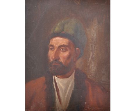 20th Century Middle Eastern School. Bust Portrait of a Man, Oil on Unstretched Canvas, Indistinctly Signed in Cyrillic, and I