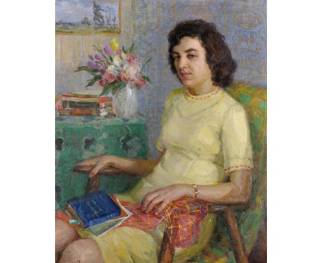 20th Century Russian School. Portrait of a Girl Seated in an Interior, wearing a Yellow Dress, Oil on Canvas, Signed in Cyril