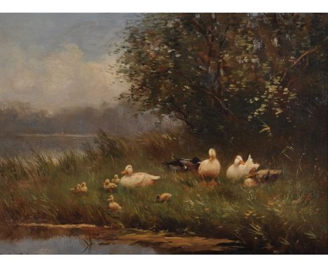 Constant David Ludovic Artz (1870-1951) Dutch. Ducks and Ducklings by the Water's Edge, Oil on Panel, Signed, 9.25" x 12.5".