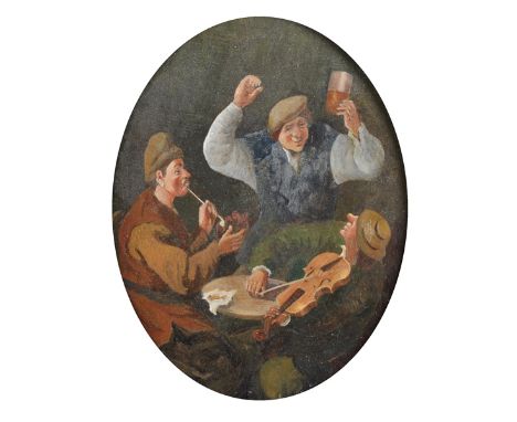 19th Century Dutch School. Figures in a Tavern Interior, Oil on Panel, Oval, 10.25" x 8.25".