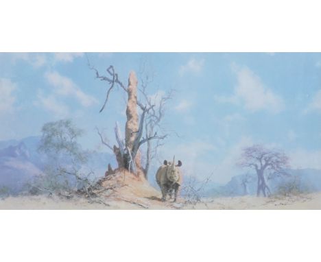 David Shepherd (1931-    ) British. A Rhino, Print, Signed on the mount in Pencil, and Signed and Inscribed on the reverse, 6