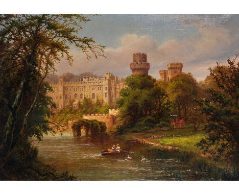 W... R... Young (19th - 20th Century) British. 'Warwick Castle', a River Landscape with Figures in a Boat, Oil on Canvas, Sig