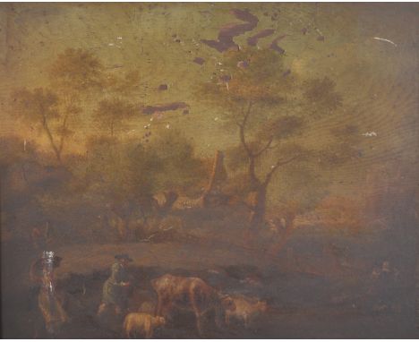 19th Century Dutch School. A Drover and Cattle in a Landscape, With a Lady Carrying a Basket on her Head, Oil on Panel, 11" x