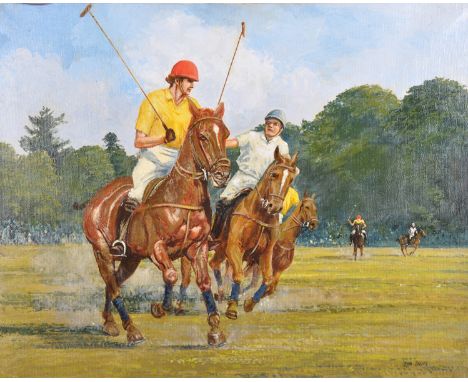 John Grove (20th Century British. A Polo Playing Scene, Oil on Canvas, Signed, Unframed, 15.75" x 19.75".