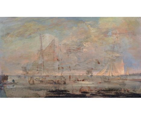 18th Century Dutch School. A Seascape with Beached vessels, Oil on Panel, Unframed, 7.75" x 13".