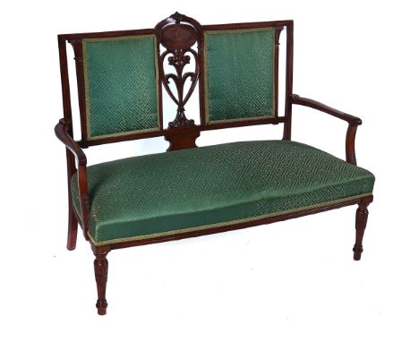 AN EDWARDIAN INLAID SATINWOOD SALON SUITE (7)Comprising; a sofa, 112cm wide; 89cm high; a pair of armchairs, 54cm wide; 97cm 