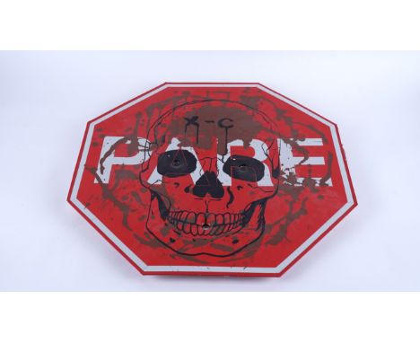 AN INCOMPLETE SINGING STOP SIGN; REFLECTIVE TAPE AND SILK-SCREEN ON METAL WITH BULLET HOLESLacking CD boom box and speaker, t
