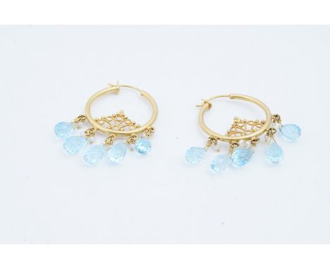 A PAIR OF GOLD, BLUE TOPAZ AND SEED PEARL PENDANT EARRINGSEach designed as a hoop enclosing a beaded and filigree motif, othe