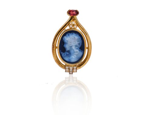 A GOLD, DIAMOND, GARNET AND AGATE CAMEO PENDANT BROOCHThe oval agate cameo, carved as the portrait of a girl, otherwise mount