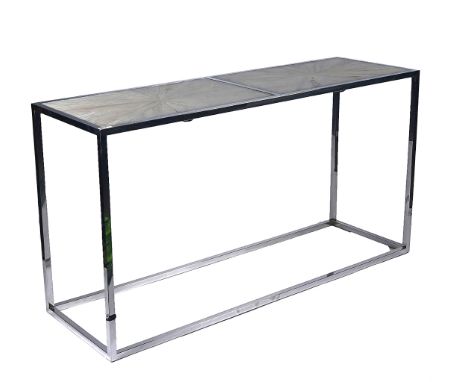 A MODERN POLISHED STEEL RECTANGULAR CONSOLEWith two inset bleached elm panels, 160cm wide; 85cm high