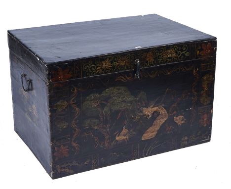 A LATE 19TH CENTURY CHINESE-EXPORT BLACK LACQUER TRUNKWith polychrome painted decoration, 98cm wide; 63cm high