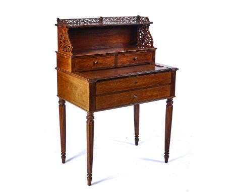 A LATE 19TH CENTURY FRENCH ROSEWOOD BONHEUR DE JOURThe two tier shelf back with a pair of drawers and pull out writing surfac