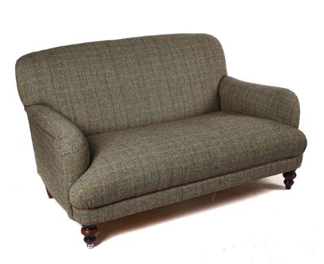 A BRAEMAR HARRIS TWEED PETIT SOFAOn turned supports, 155cm wide; 86cm high94cm deep overall from the back of the seat edge to