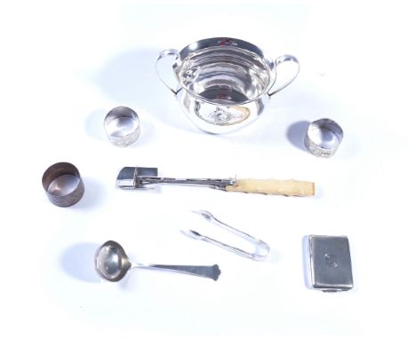 A SILVER TWIN HANDLED SUGAR BOWL AND SEVEN FURTHER ITEMS (8)The sugar bowl Chester 1907, a cheese scoop, with an ivory handle