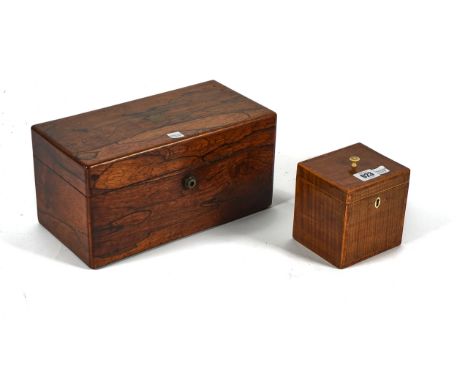 A GEORGE III TULIPWOOD AND BOXWOOD STRUNG FRUITWOOD SINGLE TEA CADDY (2)11cm wide; 12cm high; Together with a 19th century ro