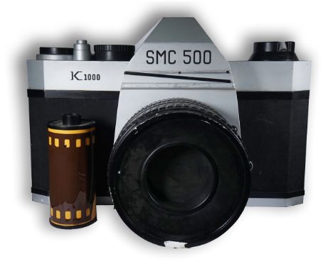 SIMON COSTIN; A LARGE WOOD, FIBREGLASS AND PLEXIGLASS MODEL OF A A SMC 500 PENTAX CAMERA, TOGETHER WITH A FIBREGLASS MODEL OF