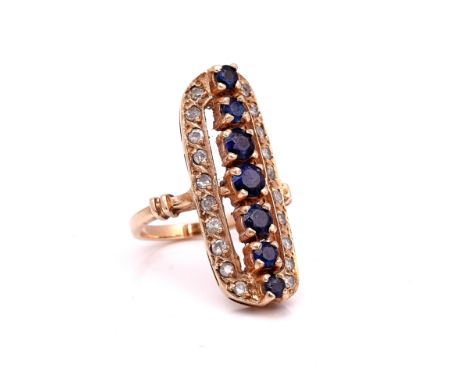 A GOLD, SAPPHIRE AND DIAMOND RINGClaw set with a row of seven graduated circular cut sapphires, within an openwork surround s