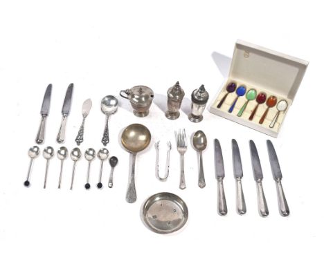 A GROUP OF SILVER AND FOREIGN WARES  (QTY)Comprising; a three piece condiment set, Sheffield 1955, a circular dish, London 19