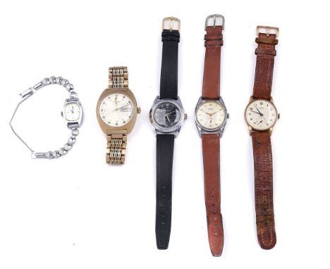 A SMITHS DE LUXE 9CT GOLD CASED GENTLEMAN'S WRISTWATCH AND FOUR FURTHER WRISTWATCHES (5)The Smiths wristwatch with Arabic num