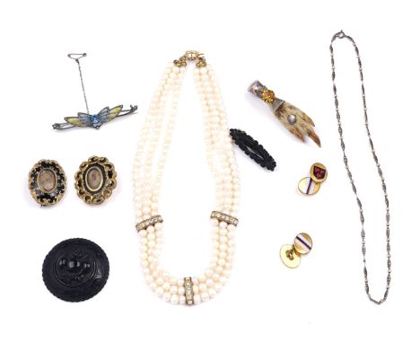 A GROUP OF JEWELLERY (9)Comprising; a three row necklace of freshwater cultured pearls, with gilt metal and colourless gem se