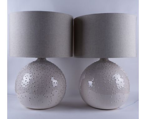 A PAIR OF GLAZED CERAMIC GLOBULAR TABLE LAMPS (2)Recent ManufactureWith cylindrical shades, 63cm high overall