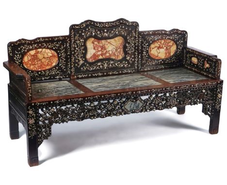 A LATE 19TH / EARLY 20TH CENTURY CHINESE-EXPORT BENCHWith marble inset panelled back and seat surrounded by mother-of-pearl f