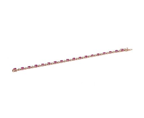 A GOLD, RUBY AND DIAMOND BRACELETClaw set with a row of oval cut rubies alternating with smaller circular cut diamonds, on a 