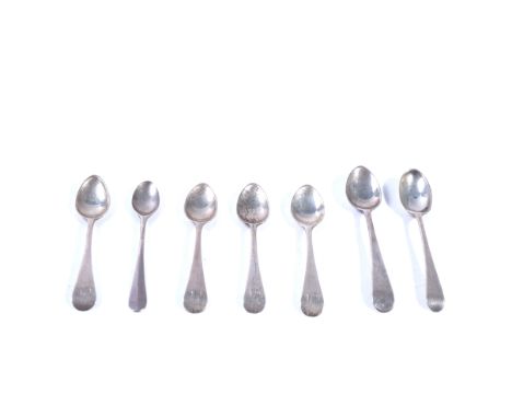 SEVEN OLD ENGLISH PATTERN TOY SPOONS (7)Comprising; four engraved with a monogram, maker's mark D L, the smallest bottom mark