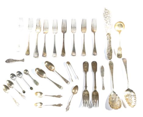 A GROUP OF SILVER, FOREIGN AND PLATED FLATWARE (QTY)Comprising; two fruit serving spoons, a fiddle pattern tablespoon, London