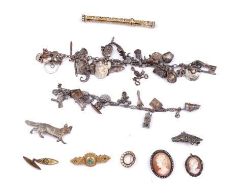 A VICTORIAN GOLD, ENAMEL AND SEED PEARL SET SLIDE ACTION PENCIL AND NINE FURTHER ITEMS (10)The Victorian pencil set with a ba