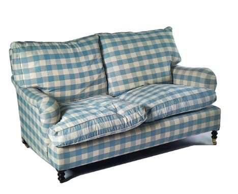 GEORGE SMITH; A BLUE CHECK UPHOLSTERED TWO SEAT SOFAOn turned supports, 155cm wide; 83cm deep; 80cm highCondition Report: Uph