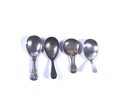 FOUR SILVER CADDY SPOONS (4)The first with an engraved heart shaped motif to the bowl, probably London 1795, the second doubl