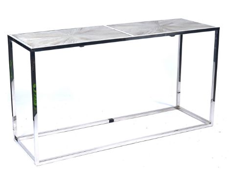 A MODERN POLISHED STEEL RECTANGULAR CONSOLEWith two inset bleached elm panels, 160cm wide; 85cm high
