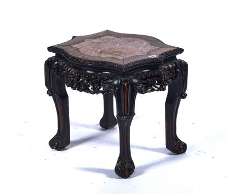 A 19TH CENTURY CHINESE CARVED HARDWOOD JARDINIERE STANDWith marble inset top on four scroll supports, 50cm wide; 45cm highCon
